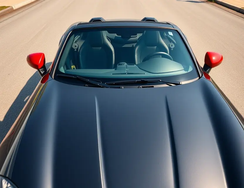 A modern Abarth 124 Spider with a newly installed windshield, parked on a clean asphalt road under natural daylight, showing the car's sleek design and the clear, undamaged glass, no people, no text, no logos, no damage