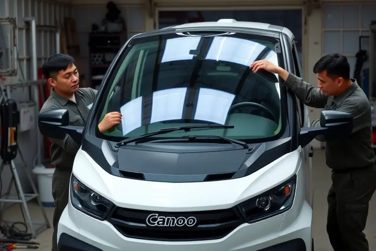 A mechanic in a garage replacing the windshield of a Canoo MPDV electric vehicle, showing the car's front, the old windshield being removed, the new windshield being installed, with tools and safety gear, no text or letters