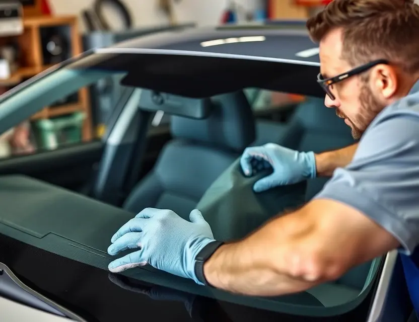 A close-up shot of a Honda Accord windshield being replaced by a mechanic. The mechanic is wearing gloves and a safety glasses. The windshield replacement process is visible, showing the old windshield being removed and the new one being installed. The background is a garage setting with tools and equipment.