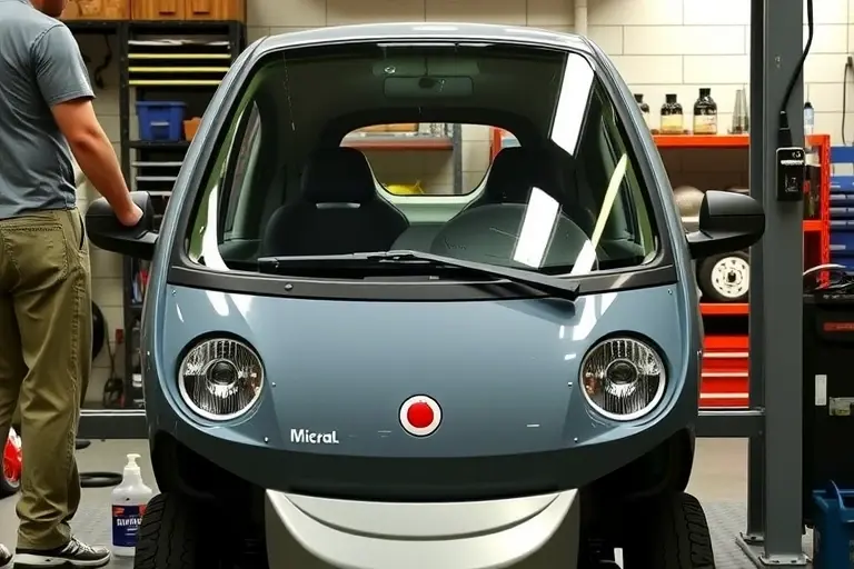 A realistic depiction of a mechanic replacing the windshield on a Microcar M.8 2-cylinder gasoline 15 hp (2005–) in a workshop. The car is positioned on a lift with the old windshield removed and a new one being installed. Include tools such as a suction cup, a rubber mallet, and a cleaning solution. Focus on the front of the car and the replacement process, with a clear, detailed view of the windshield and surrounding equipment. No text, lettering, or logos should appear in the image.