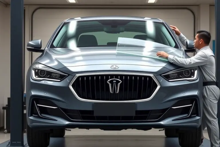 A detailed, realistic depiction of a Hongqi L5 luxury sedan (model 2014–present) undergoing a windshield replacement. The scene shows the car lifted on a hydraulic lift in a well-lit garage. The front of the vehicle is visible, with the old windshield removed and a new, clear glass panel being fitted. A mechanic in a clean work uniform is seen using a specialized glass holder and a gentle suction tool to align the new windshield. The background includes subtle garage equipment and a safety barrier, but no text, logos, or brand markings are present. The focus is on the precision of the replacement process, highlighting the car’s sleek front fascia and the meticulous handling of the glass.