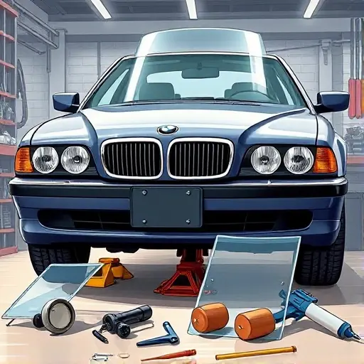 A detailed, realistic illustration of a mechanic replacing the front windshield of a BMW 7er E38 (model years 1994–2001). The scene should show the car partially lifted on a jack, the old windshield removed, a new clear glass panel being fitted, and tools such as a suction cup, a sealant gun, and a rubber mallet in the foreground. The background should be a workshop setting with subtle lighting, no visible text or signage, and no people other than the mechanic. The image should emphasize the precision of the replacement process and the sleek design of the BMW 7er’s front fascia.