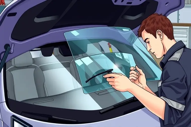 A detailed illustration of a mechanic replacing the windshield of a Kia K5 1.6 Hybrid 180 hp (2020–present) in a garage setting. The scene shows the old windshield removed, the car's hood open, the mechanic using specialized tools to fit a new clear glass panel. The background includes a workbench, a car jack, and a toolbox. The focus is on the precision of the replacement process, with close‑up of the glass edges and the mechanic's hands.