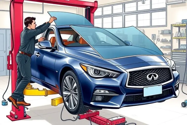 A detailed illustration of a mechanic replacing the windshield on an Infiniti Q50 3.0 V6 Twin Turbo 300 hp. The scene shows the car on a hydraulic lift, the old windshield being removed, a new clear glass panel being installed, with tools and safety equipment visible. The background is a workshop with a clean, organized environment. The focus is on the car and the replacement process, with emphasis on precision and safety.