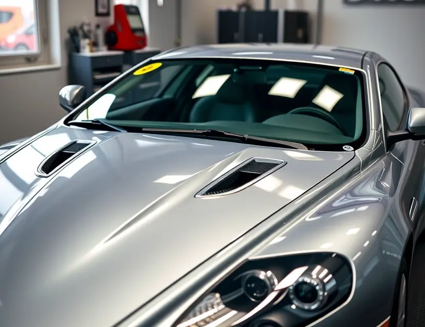 A high-quality image of an Aston Martin DB9 GT with a pristine front windshield being replaced, showing the car in a professional auto glass service shop, realistic lighting, detailed car exterior, no text or numbers on the glass