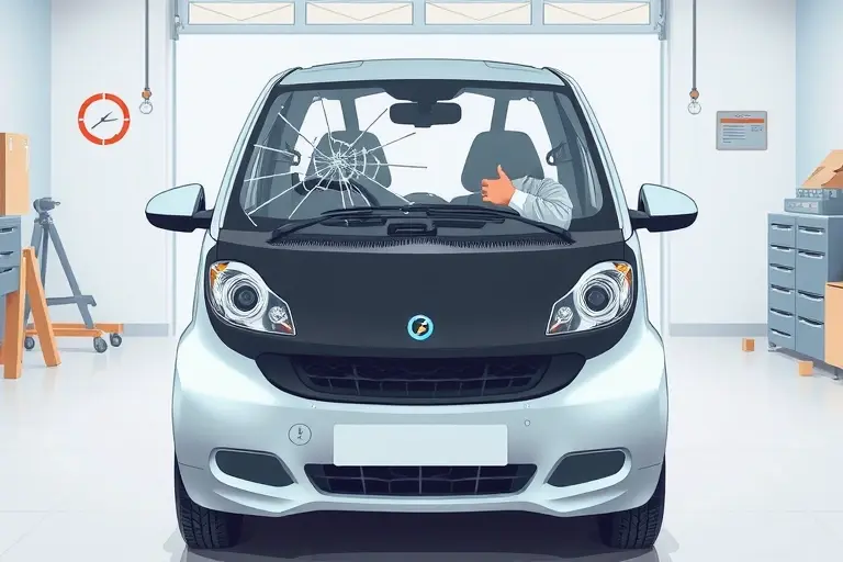 A realistic illustration of a small electric car with a windshield replacement in progress, showing the front of the vehicle with a cracked windshield being removed and a new clear glass being fitted, a mechanic's hands and tools visible, set in a clean workshop environment, with no text or numbers in the image