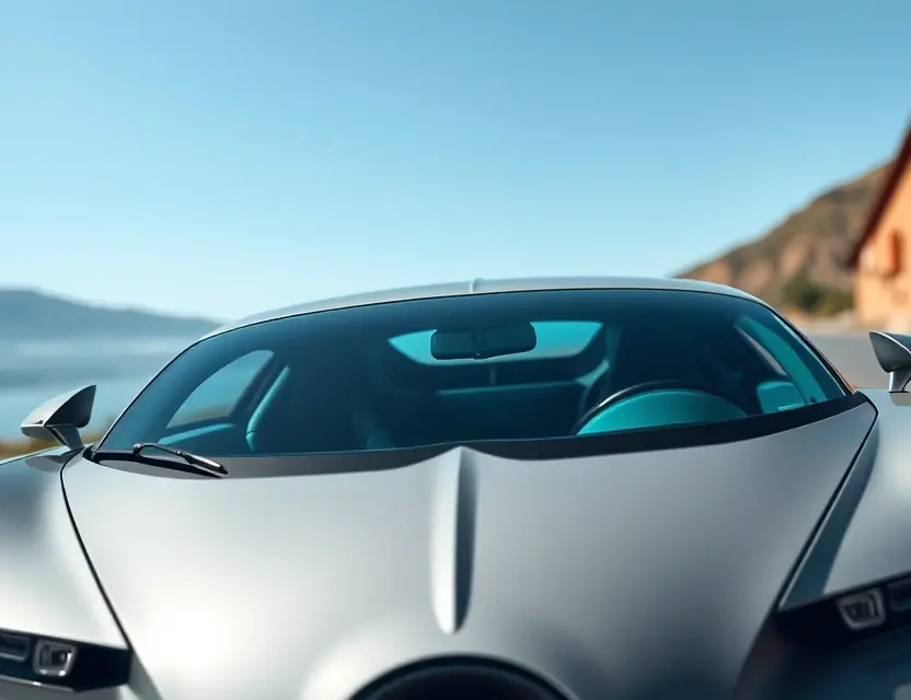 A Bugatti Centodieci with a replaced windshield, showcasing the new glass. The car is parked on a scenic road, with a clear blue sky and mountains in the background. Focus on the detail of the replacement windshield and the overall sleek design of the car.