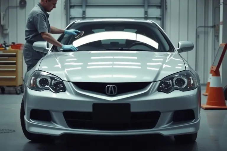 A realistic scene of an Acura Integra (model years 2002-2006) parked in a garage with its front windshield being replaced. Show a professional mechanic wearing a clean uniform and gloves, using a suction cup tool to lift the old windshield, with a new windshield positioned nearby on a workbench. Include typical garage equipment such as a tool cart, safety cones, and a clean, well-lit environment. Emphasize the car's front end, the windshield frame, and the replacement process, without any text or branding.