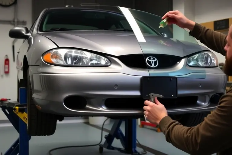 A detailed workshop scene showing a mechanic replacing the windshield of a 1999–2002 Mercury Cougar 2.5 V6. The car is lifted on a hydraulic jack, the old cracked windshield is removed, and a new clear glass panel is being installed. Tools such as a suction cup, a glass cutter, and a sealant gun are visible. The background is a clean garage with a workbench and a toolbox. The focus is on the car's front, the windshield area, and the mechanic's hands.
