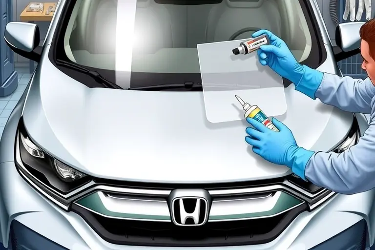 A detailed illustration of a Honda CR-V 1.5 Turbo 193 hp (2017–present) with its windshield being replaced. Show the front of the car with the old windshield partially removed, a new clear windshield in place, a mechanic wearing gloves holding a windshield sealant, and a workbench with tools. The scene should emphasize the precision of the replacement process, with a focus on the glass and the car's front fascia.