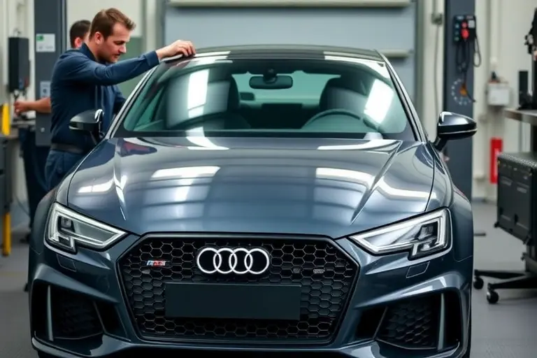 A detailed, realistic scene of an Audi RS3 2.5 TFSI 400 hp (model years 2017 to present) in a professional auto workshop, with a skilled mechanic carefully removing the old windshield and positioning a new windshield ready for installation. The focus is on the car's front end, showing the sleek design, the distinctive Audi grille, and the precise fit of the windshield. The workshop environment includes clean tools, a lift, and subtle lighting that highlights the car's surface and the glass work.