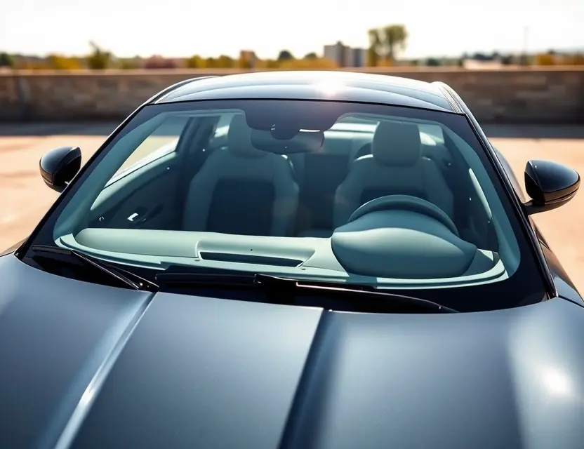 A high-quality image depicting a Jaguar F-Type with a replaced windshield. The car is parked outdoors on a sunny day. The replaced windshield is seamlessly integrated with the original, showing no visible cracks or imperfections. Focus on the details of the windshield replacement and the car's sleek design.