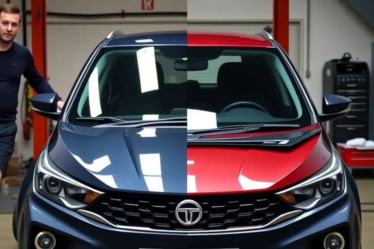 depict a mechanic replacing the front windshield of a Tata Nexon 1.2 Turbo 120 hp (2017–present) in a garage setting, showing the old windshield removed, the new one installed, with tools and the car's front visible