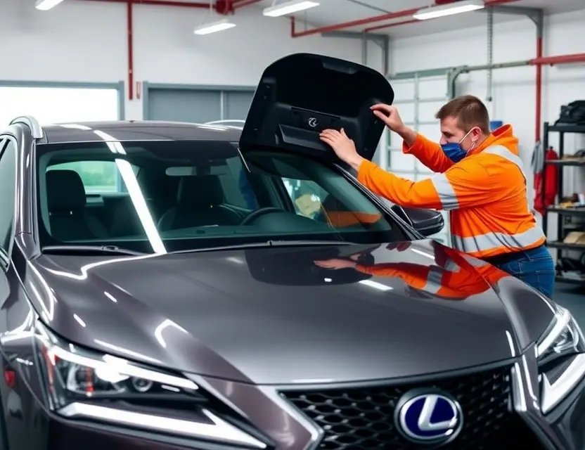 Замена лобового стекла Lexus NX A professional technician replacing the windshield of a Lexus NX, showing the process with the car in a well-lit garage, tools and equipment neatly arranged, and the technician wearing safety gear.