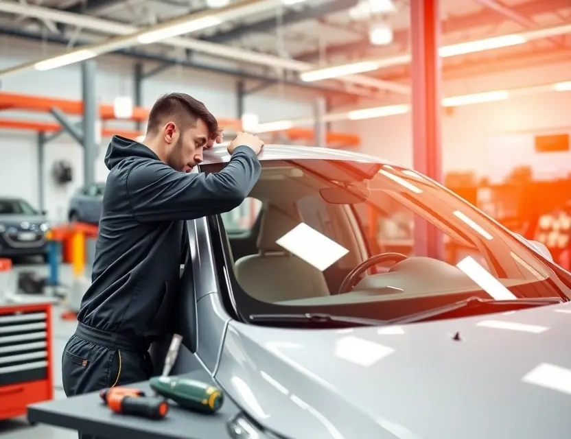 A professional automotive workshop scene showing a technician carefully installing a new windshield on a Changhe vehicle, with tools neatly arranged on a workbench, bright clean lighting, and a focus on the precision of the glass replacement process, high quality automotive photography