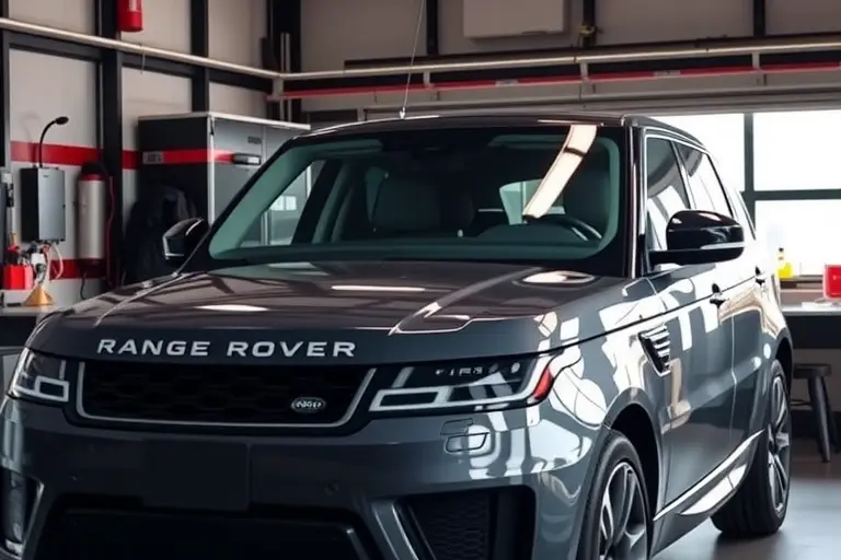 A realistic, detailed scene of a mechanic in a garage replacing the windshield of a 2023 Range Rover Sport 4.4 V8 635 hp. The vehicle is partially exposed, showing the new glass being fitted, with tools, safety gear, and a clean, well-lit environment. No text or lettering should appear in the image.