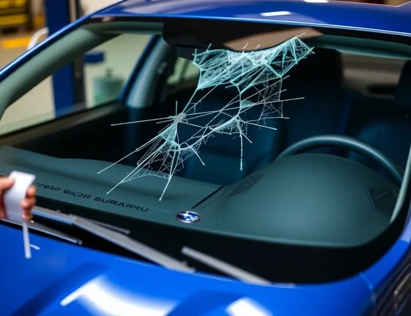 A Subaru vehicle with a cracked windshield undergoing a windshield replacement. The replacement windshield is being installed by a technician. Focus on the process and the vehicle's exterior.