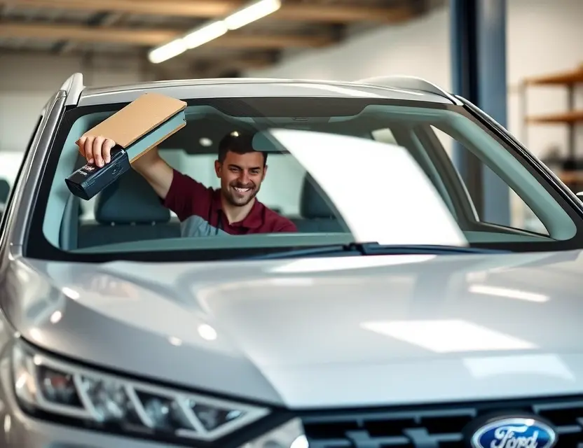 Замена лобового стекла Foday A car being serviced with a technician replacing the windshield of a Foday vehicle, showing the old windshield being removed and a new one being installed, professional automotive workshop environment, clear lighting, no text or logos