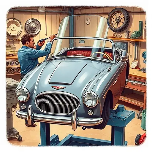 A detailed, realistic illustration of a mechanic replacing the windshield on a classic 1950s Austin‑Healey 100/4. The scene shows the car on a lift in a workshop, the old windshield removed, a new glass panel being fitted, with tools such as a suction cup, a glass cutter, and a safety harness. The background includes classic automotive parts, a workbench, and a vintage car interior visible through the new glass. The lighting is warm and focused on the glass installation area, highlighting the clarity of the new windshield and the careful handling by the mechanic.