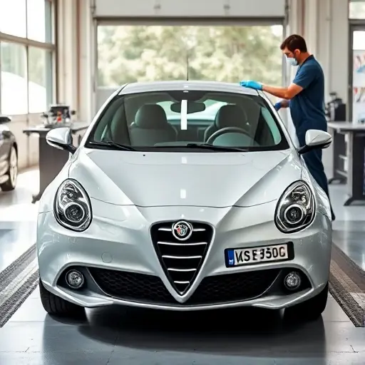 Замена лобового стекла Alfa Romeo Junior A clean, modern Alfa Romeo Junior parked in a bright, professional auto service bay with a new windshield being carefully installed by a technician wearing safety gloves, soft natural lighting, high detail, automotive photography style