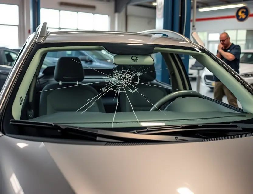 A Zotye E200 car with a cracked windshield undergoing a windshield replacement at an auto repair shop. The car is parked indoors, with mechanics working on the windshield. Focus on the replacement process and the car's exterior.