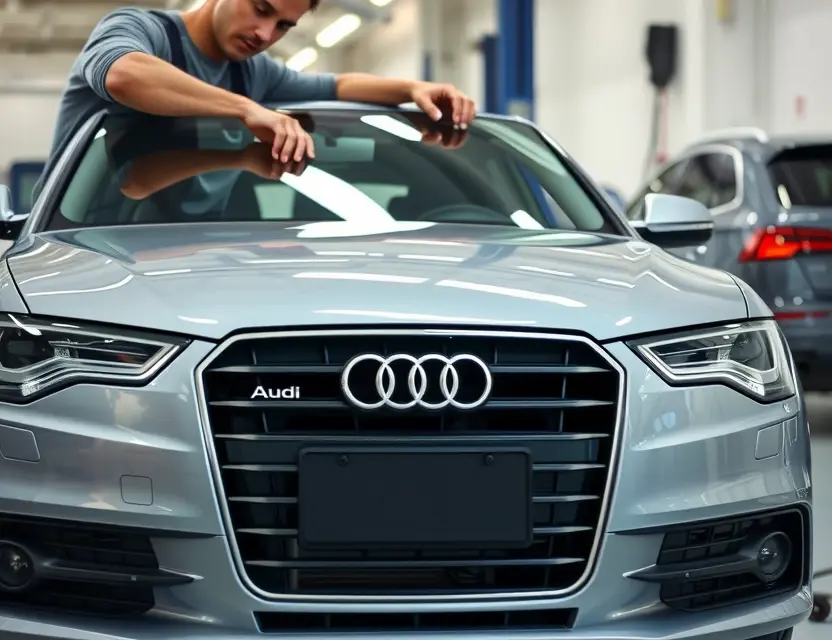 Замена лобового стекла Audi A6 A high-quality, realistic close-up shot of a professional mechanic carefully installing a new windshield onto a silver Audi A6 sedan in a clean, well-lit auto repair shop. The focus is on the car's front frame and the glass being fitted, with no visible text, logos, or license plates. The background shows blurred automotive tools and equipment to emphasize the service context.