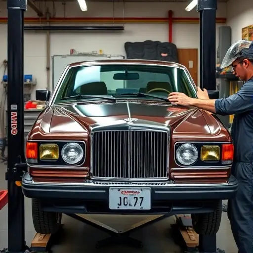 A realistic, high-detail workshop scene depicting a mechanic replacing the windshield of a 1985 Bentley Turbo R 6.75 L V8 300 hp. The car is partially lifted on a hydraulic lift, with the old windshield removed and a new one being installed. Focus on the car's front, the windshield area, and the mechanic's hands. The background shows tools, a garage setting, and a clean, organized workbench. No text, letters, or digits should appear in the image.