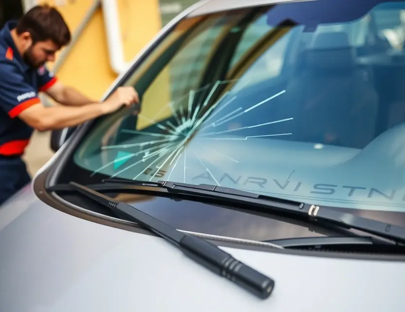 A Proton car with a cracked windshield undergoing windshield replacement. The car is parked outdoors, with a mechanic working on the windshield. Focus on the replacement process and the new windshield being installed.