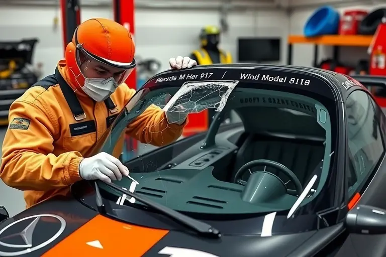 A detailed workshop scene showing a mechanic in protective gear removing a damaged windshield from a Mercedes M Hero 917 EREV 1.5T, with the new windshield being installed. The mechanic is using specialized tools, and the electric motor components (model 816) are visible on the dashboard. The background shows a clean garage with automotive parts and a workbench. The focus is on the windshield replacement process, with emphasis on precision and safety.
