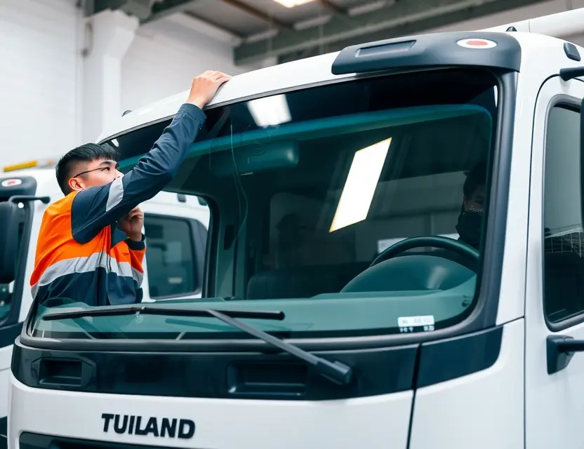 Замена лобового стекла Foton Tunland A professional mechanic replacing the windshield of a Foton Tunland vehicle. The scene should include the mechanic wearing safety gear, the new windshield being carefully positioned, and the old windshield removed. The vehicle should be in a well-lit garage or service bay with appropriate tools and equipment visible.