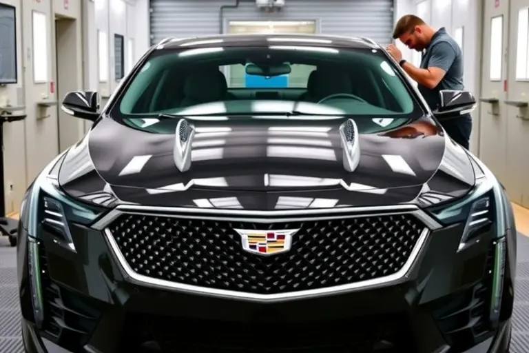 A high‑detail scene of a Cadillac CT4 V Blackwing 3.6 V6 Twin‑Turbo parked in a professional auto‑glass workshop. The front windshield is being removed and a new one is being installed by a technician using suction cups and specialized tools. The car’s sleek black paint and distinctive front grille are clearly visible, with the focus on the glass work, clean workshop lighting, and a tidy environment. No text, logos, or unrelated objects are present.