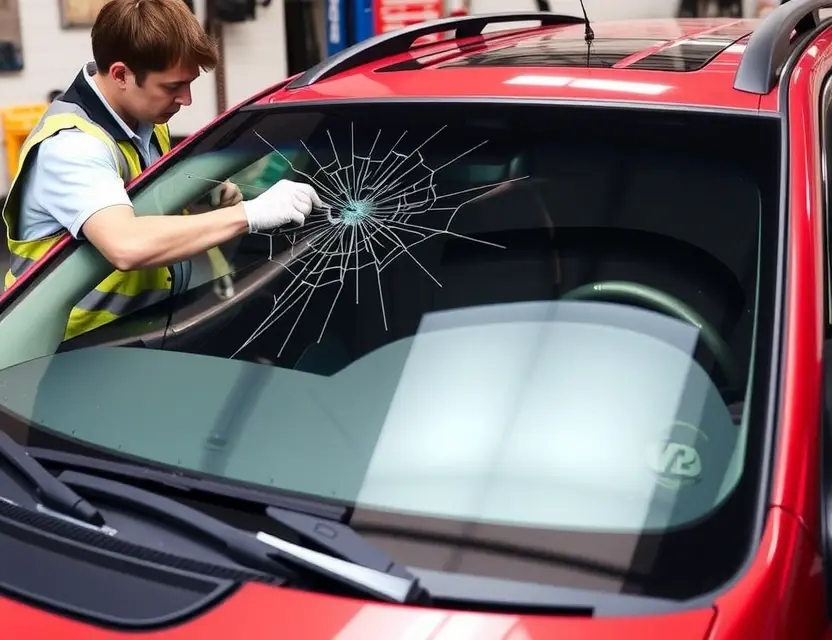 A Saturn Vue Red Line with a cracked windshield being replaced by a mechanic. The mechanic is wearing a safety vest and gloves, and the replacement windshield is being installed. The background shows a garage setting with tools and equipment.