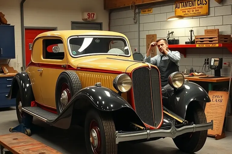 A vintage Cord L 29 car (1929–1932) in a classic garage setting. The car is partially lifted on a hydraulic jack, its old windshield removed and a new one being fitted. A mechanic in a work apron holds a windshield wiper and uses a specialized tool to align the new glass. The background shows a workbench with tools, a workbench light, and a vintage car repair manual on a stand. The scene captures the craftsmanship of early 20th-century automotive repair, with warm lighting and a slightly dusty atmosphere.