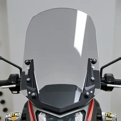 A clean, high-quality close-up shot of a motorcycle windshield being installed on an Anadón 500 motorcycle, showing the mounting brackets and the clear glass pane against a neutral workshop background, with no text or logos visible