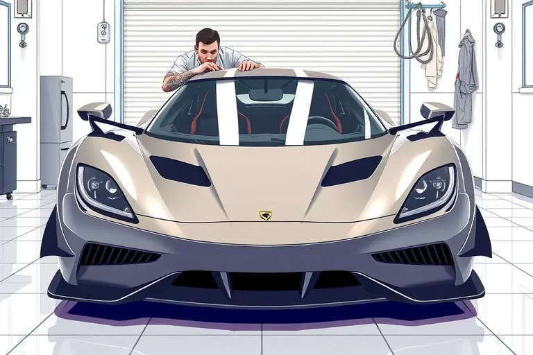 A high-resolution illustration of a Koenigsegg Regera 5.0 V8 Twin Turbo with its windshield being replaced. The scene shows a skilled mechanic in a clean garage, carefully removing the old glass and installing a new, pristine windshield. The car's sleek, aerodynamic body is highlighted, with the Regera's distinctive front fascia and signature LED headlights. The background includes subtle garage tools and a polished floor, emphasizing a professional automotive repair environment.