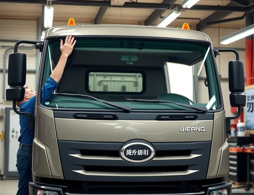 Замена лобового стекла Jie Fang Shenwei A high-quality, realistic photo of a Jie Fang Shenwei truck in a professional auto repair shop, showing a technician carefully installing a new windshield. The scene focuses on the front of the vehicle with the glass being fitted, highlighting the precision of the work. The background shows a clean, well-lit garage environment with automotive tools neatly arranged. The image should be sharp, with natural lighting and no text or logos visible.