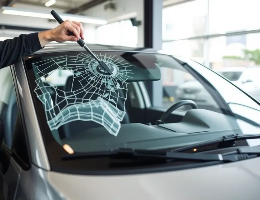 A modern car with a damaged windshield being replaced by a professional technician in a clean, well-lit auto service center, showing the new Anadón 500 windshield being installed with precision tools, no text or logos visible on the glass
