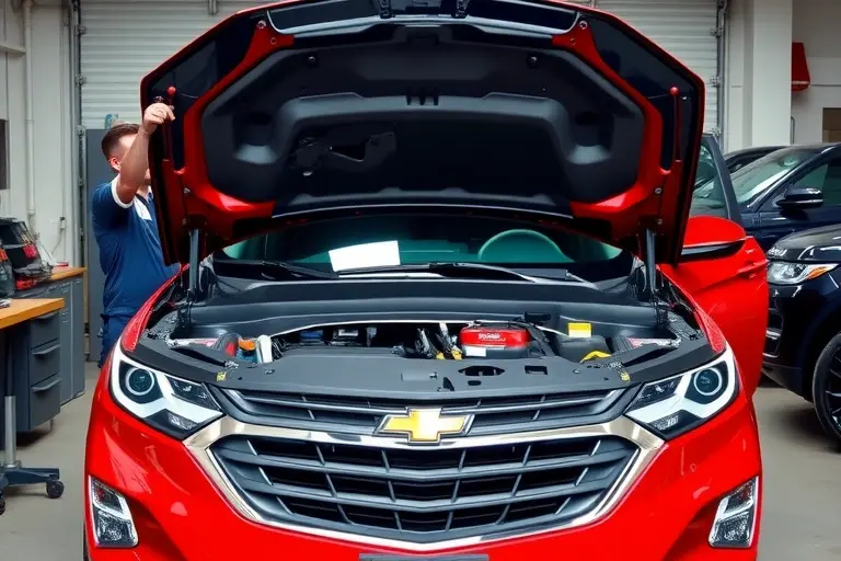 A mechanic in a garage replacing the windshield of a Chevrolet Equinox 2.0 Turbo 252 hp, with the car's front open, the old windshield removed, the new windshield being installed, tools visible, a clean workbench, and a clear view of the car's front