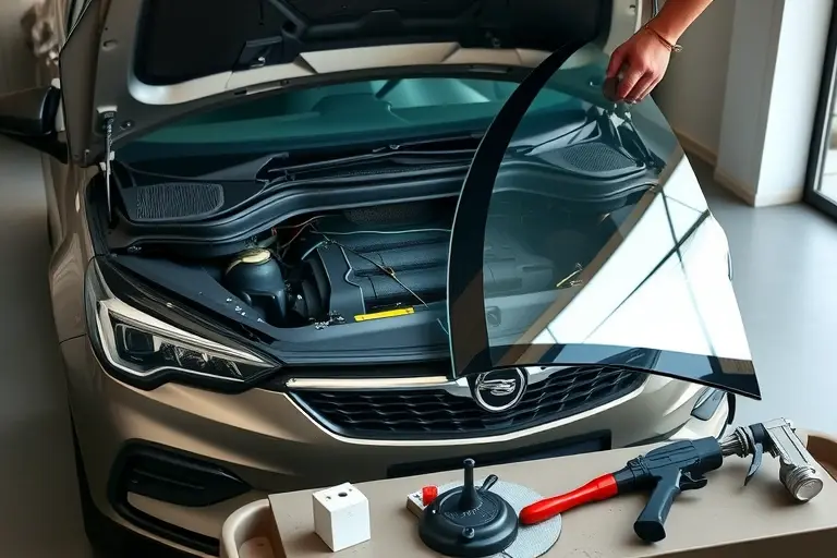 A detailed scene of a mechanic replacing the windshield on an Opel Astra 1.2 Turbo 130 hp (2021 model). The image shows the car parked on a flat surface with its hood open, the old cracked windshield removed, and a new clear glass panel being fitted. Tools such as a suction cup, a glass cutter, and a sealant gun are visible on a workbench. The background includes a garage setting with a subtle, neutral color palette, and the focus is on the precision of the replacement process, highlighting the car’s front fascia, the new glass’s smooth surface, and the mechanic’s careful handling of the panel. No text or lettering should be present in the composition.