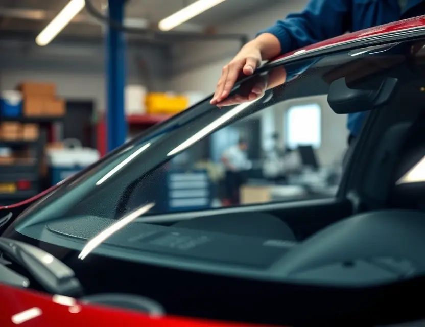 A close-up shot of a windshield being replaced by a mechanic in a garage. The focus is on the replacement process, showing tools and the new windshield. The background should be slightly blurred to emphasize the main subject.