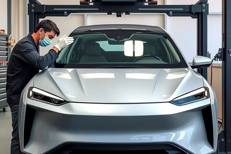 A realistic, high-resolution illustration of a mechanic replacing the windshield of a Luxeed S7 electric car (2023 model, 292 hp). The scene shows the car on a hydraulic lift, the old windshield removed, and a new clear glass panel being fitted. Focus on the front of the car, including the hood, bumper, and windshield area. The mechanic wears a protective mask and gloves, using a specialized tool to align the new glass. The background is a clean workshop with minimal equipment, proper lighting, and accurate car details.