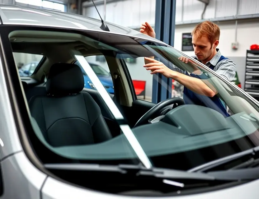 Замена лобового стекла Gorham A car being serviced with a technician replacing the windshield, showing the old windshield being removed and a new one being installed, clean workshop environment, professional tools visible, no text or logos
