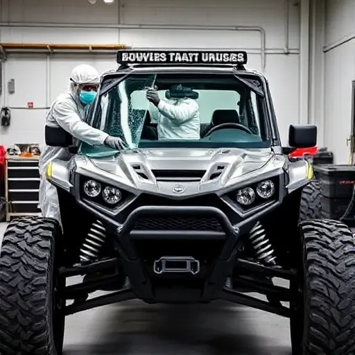 A Bowler EXR S 5.0 V8 Supercharged 550 hp off‑road vehicle parked in a workshop, with a technician in protective gear carefully removing the cracked windshield and holding a new windshield ready for installation. The scene shows the vehicle's distinctive rugged body, large tires, and the open cabin area where the glass is being replaced, with tools and a clean workshop background.