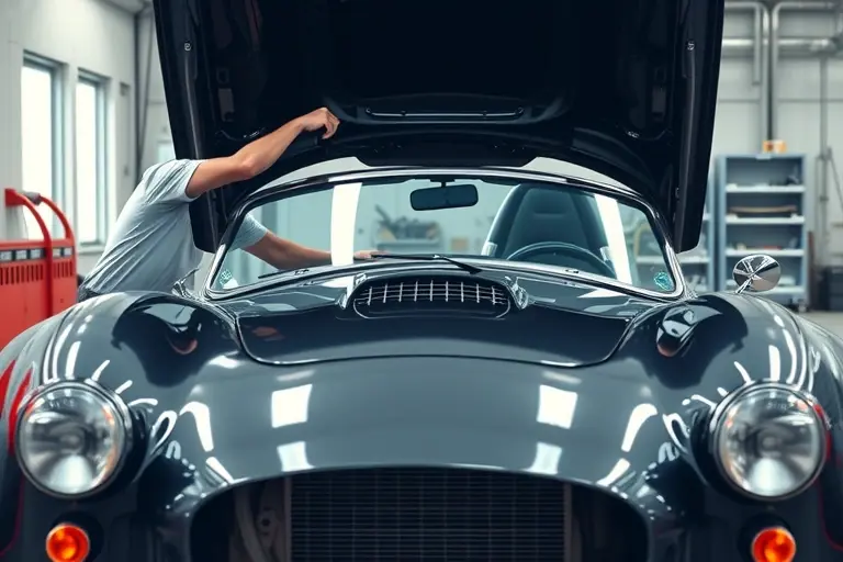 A 2023 AC Cobra Series 1 Electric car in a clean workshop, front end open as a technician carefully removes the old windshield and installs a new one, realistic lighting and detail on the car body and glass, focus on the replacement process, no visible brand logos or text