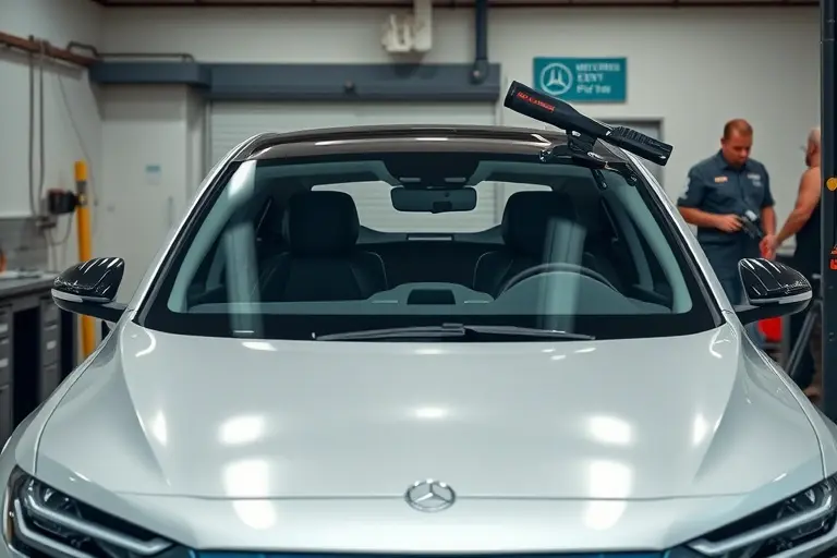 A realistic, detailed depiction of a mechanic replacing the windshield of a Mercedes Benz EQS 580 electric car. The scene shows the car in a garage, the old windshield removed, the new windshield being fitted with tools and safety equipment visible. Focus on the car's front, the windshield area, and the replacement process in a clean, professional environment.