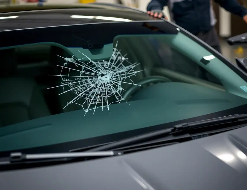 A Cadillac XTS with a cracked windshield undergoing a windshield replacement. The replacement windshield is being installed by a technician. Focus on the process and the car's exterior.