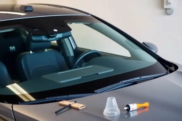 A detailed, high-resolution image of a Hyundai Sonata 2.0 Hybrid (2020) with a newly installed windshield. The scene shows the car from a slightly elevated side angle, focusing on the clear, reflective glass. The windshield is positioned flush with the car’s frame, with a subtle reflection of the surrounding environment. The car’s front bumper and hood are visible, and a small, neatly arranged set of automotive tools (e.g., a suction cup, a glass cutter, and a sealant dispenser) is placed beside the vehicle, hinting at the replacement process. The background is a neutral, softly blurred garage setting that highlights the car and the new glass without distracting details.