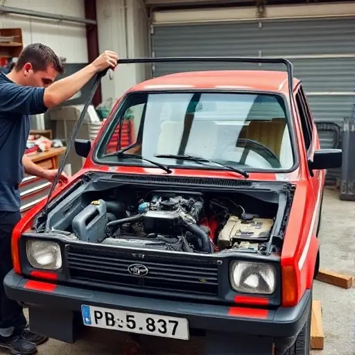 A detailed workshop scene showing a mechanic carefully removing the old windshield from a 1980s Austin Metro 1.0 L R4 41 hp, with the car’s front end exposed and the new clear glass being fitted into place. The setting includes a workbench, automotive tools, a small stack of replacement windshields, and a subtle background of a garage with a faded paint finish. The focus is on the car’s front, the windshield frame, and the precise alignment of the new glass, capturing the mechanical process in a realistic, high‑resolution style.