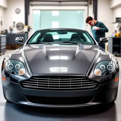 A sleek 2005 Aston Martin V8 Vantage parked in a clean, well-lit auto repair bay, with its front windshield removed and a new glass panel being carefully installed by a technician wearing gloves. The car's iconic grille and headlights are clearly visible, emphasizing the luxury and precision of the vehicle. The background shows organized tools and equipment typical of a professional workshop, with soft lighting highlighting the car's curves and the clarity of the new windshield.