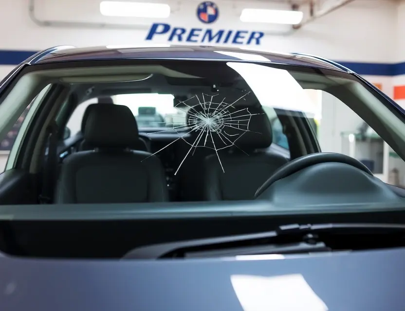 A car with a cracked windshield undergoing windshield replacement at a Premier Automobiles service center. The car is parked inside a clean, well-lit service bay. Technicians are working on the windshield replacement. Focus on the replacement process and the professional setting.